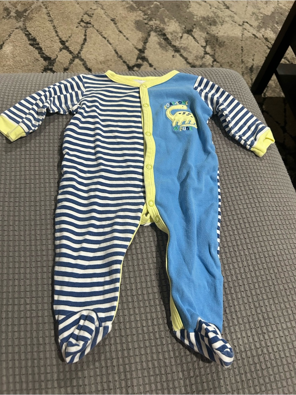 Blue & White Striped Baby One-Piece with Yellow Trim